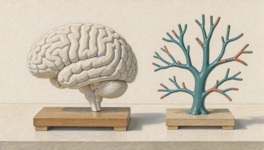 Pastel illustration of a brain teaching model beside a branching blood-vessel cast on a cream tabletop