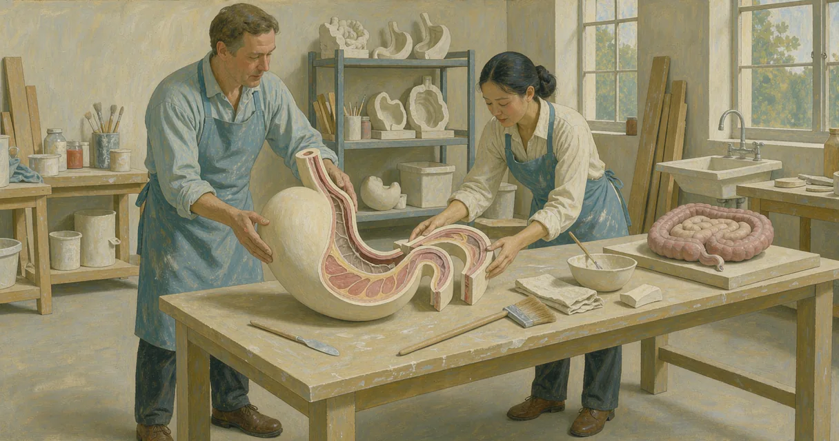Tempera illustration of two model makers assembling a cutaway stomach teaching model in a bright workshop