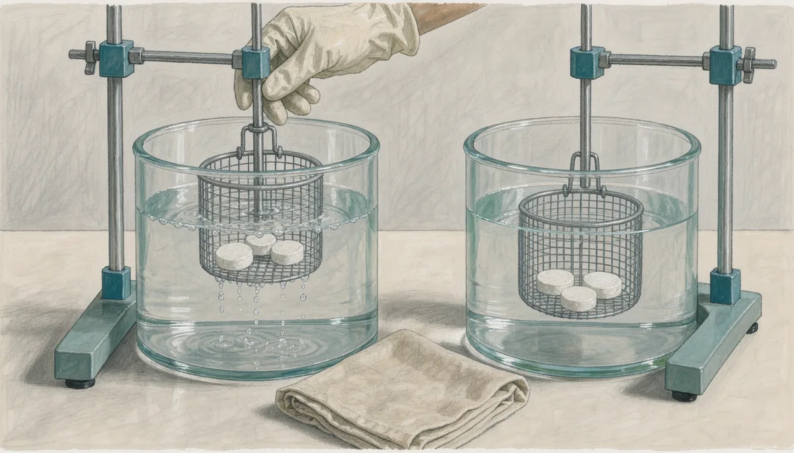 Illustration of mesh testing baskets suspended in paired glass water baths on a laboratory table